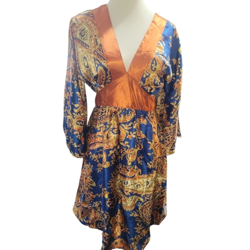 Speed Control blue gold rust print satin kimono midi dress Large nwt - Picture 2 of 7